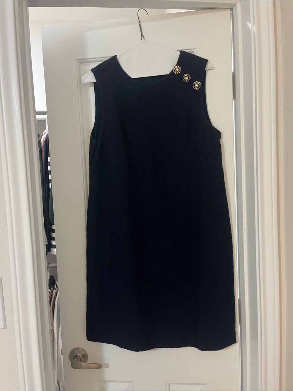 Ann Taylor Navy Tweed Button Shoulder Shift Dress